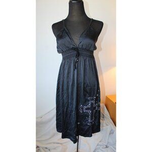 Vtg Soul Revival Y2K Silk Babydoll Dress M Embroidery Cross leather Trim Goth